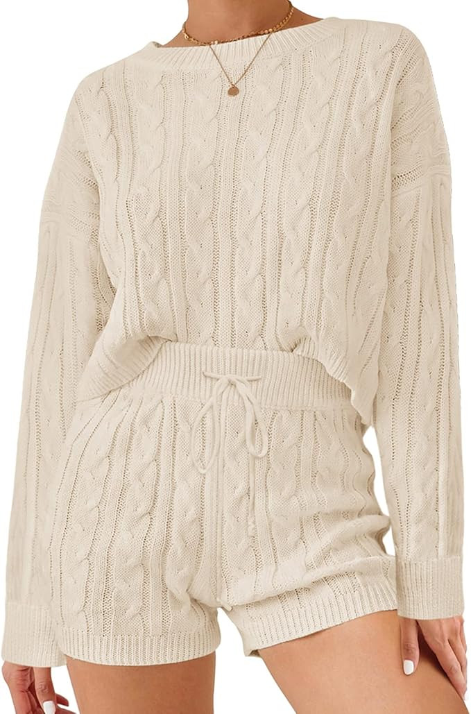 ZOWODO Women's 2 Piece Sweater Sets Long Sleeve Cable Knit Crop Top and Drawstring Waist Shorts S... | Amazon (US)