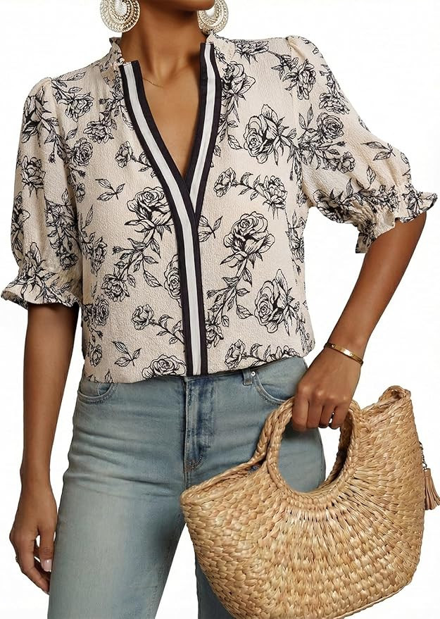 Dokotoo Women's Summer Boho Floral Ruffle Shirt Puff Short Sleeve V Neck Casual Trendy Cute Blous... | Amazon (US)