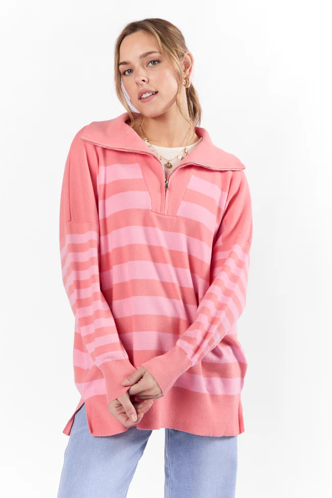 Pulling Heartstrings Coral Multi Stripe Quarter Zip Pullover | Pink Lily