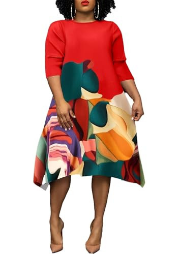 Women's Plus Size Midi Dress Floral Print 3/4 Sleeve A-Line Asymmetric Hem Casual Flowy Party Beach Midi Dresses, Red, 3XL | Amazon (US)
