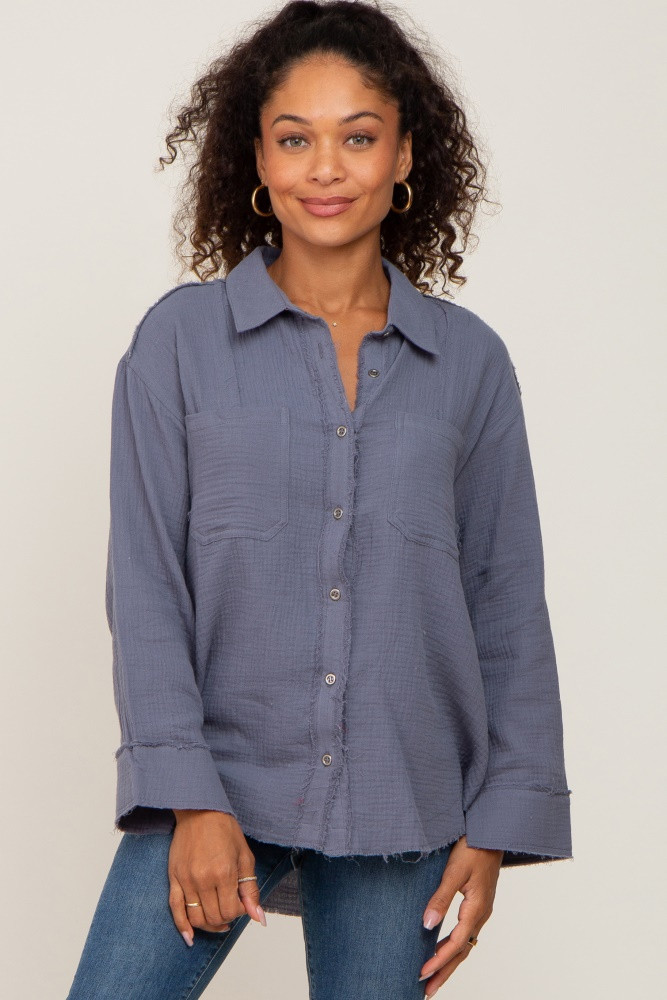 Blue Button Down Collared Frayed Top | PinkBlush Maternity