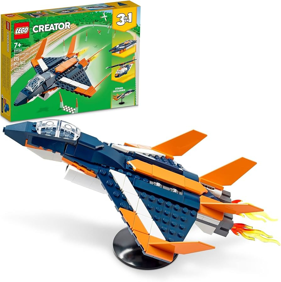 LEGO Creator 3 in 1 Supersonic Jet Plane Toy Set, Transforms from Plane to Helicopter to Speed Bo... | Amazon (US)