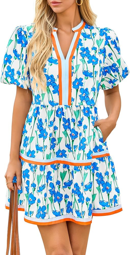Cicy Bell Womens V Neck Floral Mini Dress Short Puff Sleeve Patchwork Summer Casual Boho Dresses | Amazon (US)