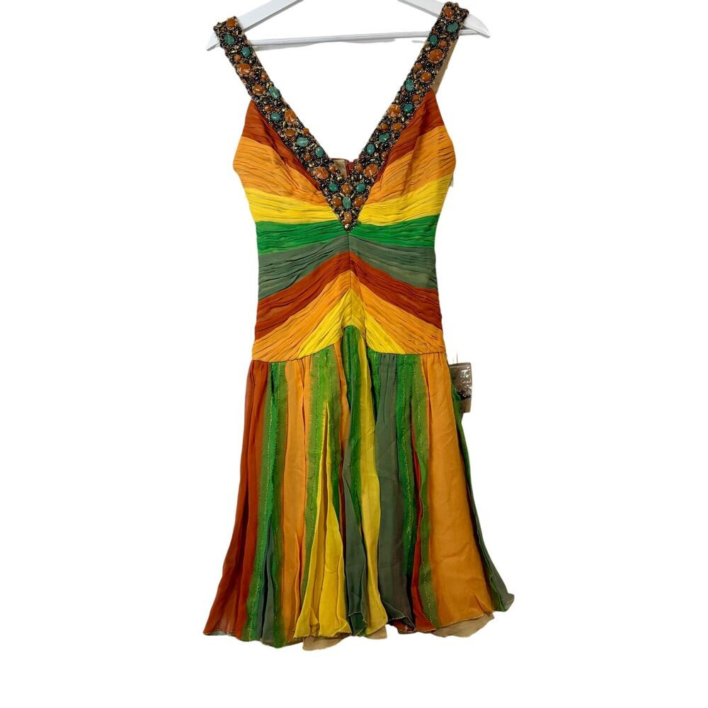 Mandalay Women\u2019s Silk Beaded Gemstone V Neck Mini Dress Multicolor Size 4 NWT | Poshmark