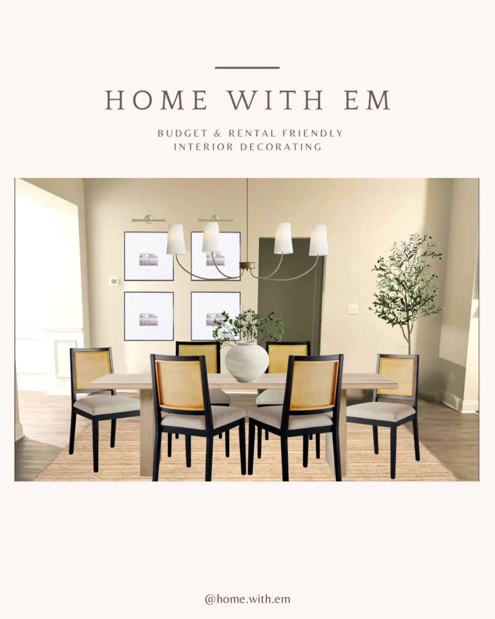 Dining area with a rectangle table, black rattan chairs, a linear chandelier, a ceramic white vase with faux greenery, a faux olive tree, black frames, picture light, and jute area rug.

#LTKhome #LTKstyletip #LTKfamily