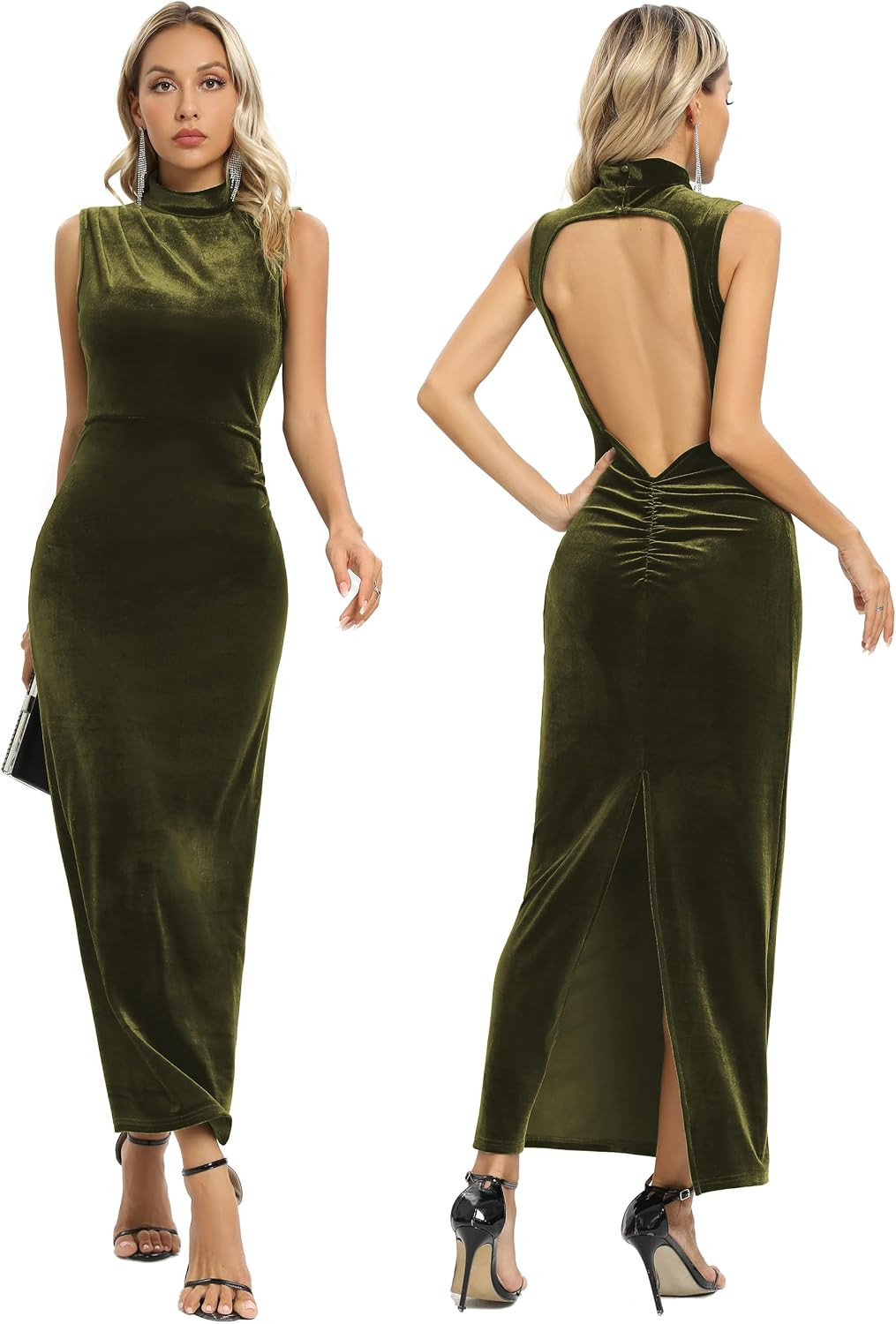 Women Backless Velvet Bodycon Maxi Dress High Neck Ruched Slit Party Dress | Amazon (US)