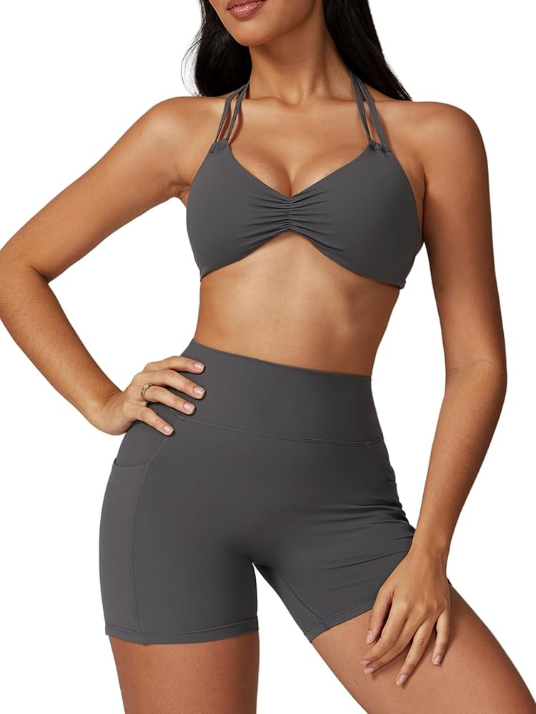 ABOCIW Womens Workout Sets Halter Neck Sports Bra V Back Scrunch High Waist Biker Shorts with Poc... | Amazon (US)