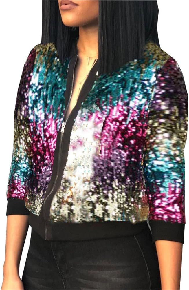 Womens Sparkly Short Jackets Long Sleeve Sequins Zipper Party Clubwear Outwear Coats | Amazon (US)