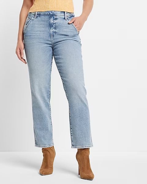 High Waisted Light Wash Side Button Straight Ankle Jeans | Express
