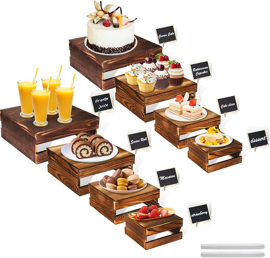 8 Pcs Buffet Risers with Mini Signs, Rustic Wood Cake Stands, Food Risers for Buffet Table, Desse... | Amazon (US)