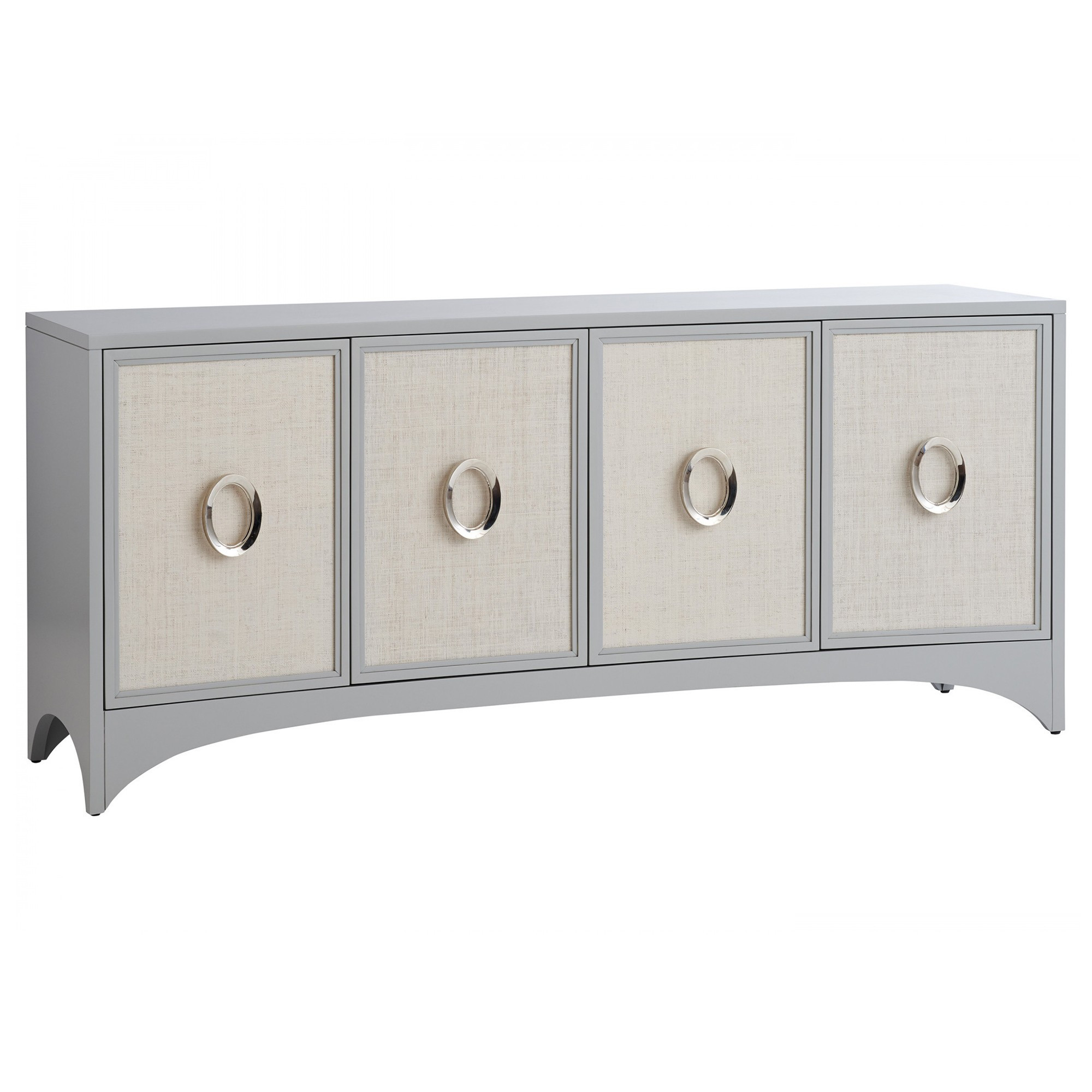 Newbury Park Coastal Beach Grey Maple Wood Cream Raffia Media Cabinet - 78""W | Kathy Kuo Home