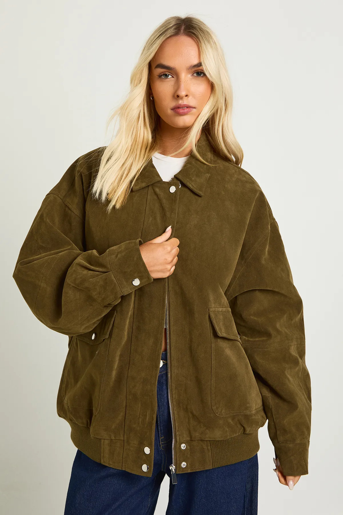 boohoo Women's Oversized Faux Suede Jacket in Khaki | Size: 14 | Boohoo.com (UK & IE)