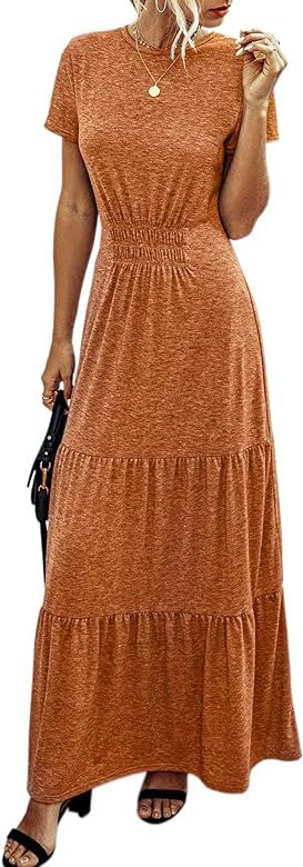 Women Short Sleeve Loose Plain Maxi Dresses Casual Long Babydoll Dress | Amazon (US)