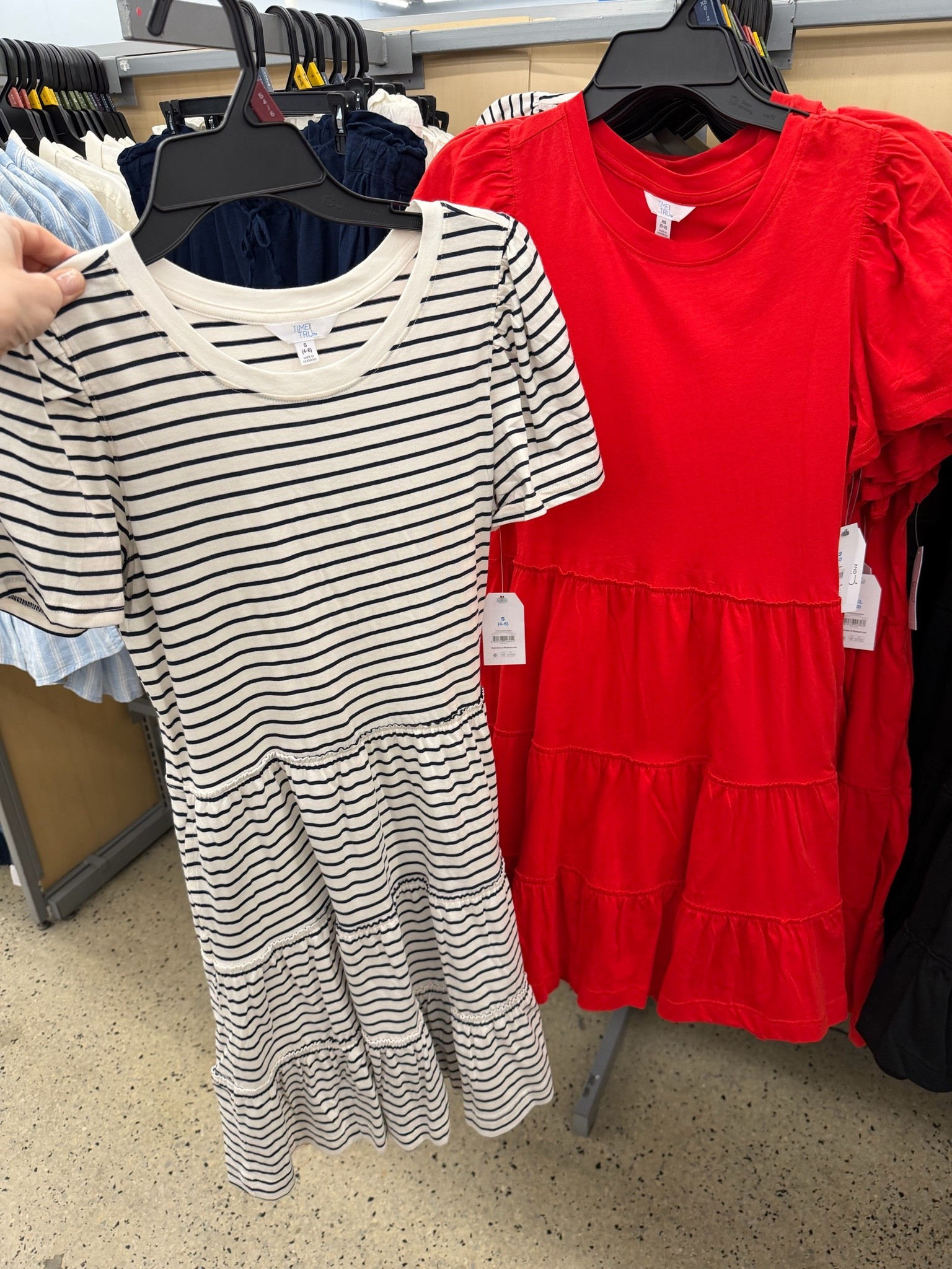 $16.98 cotton flounce dress at Walmart, lots of colors. I sized up to medium this year and prefer the fit! Has pockets. #walmartfashion