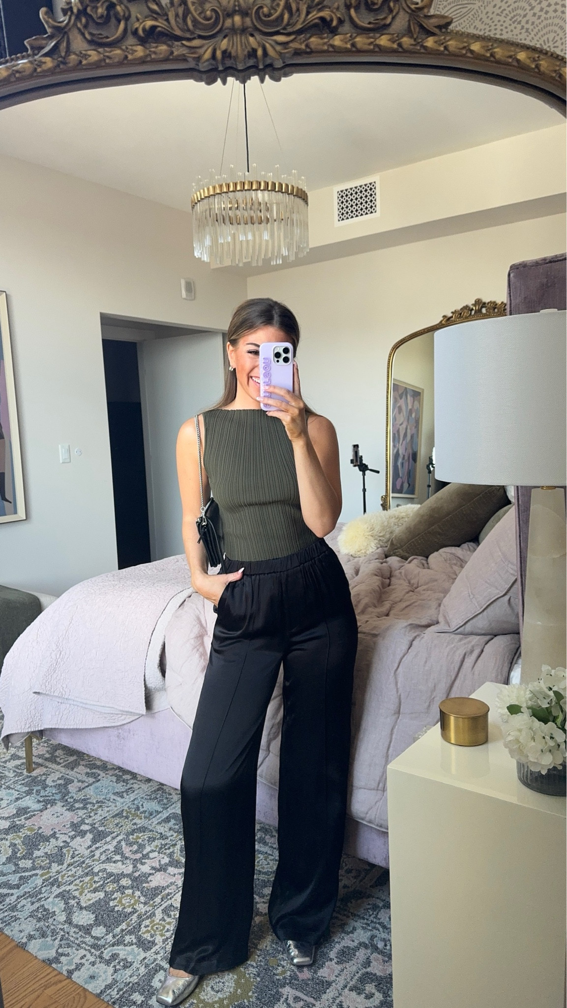 Wayf satin black pants and sleeveless ribbed green top from Nordstrom fall workwear capsule collection looks in my usual small/2 shop the Nordstrom anniversary sale today! 
Dibs code: Emerson [good life good & strawberry summer]

#LTKxNSale #LTKWorkwear #LTKFindsUnder100
