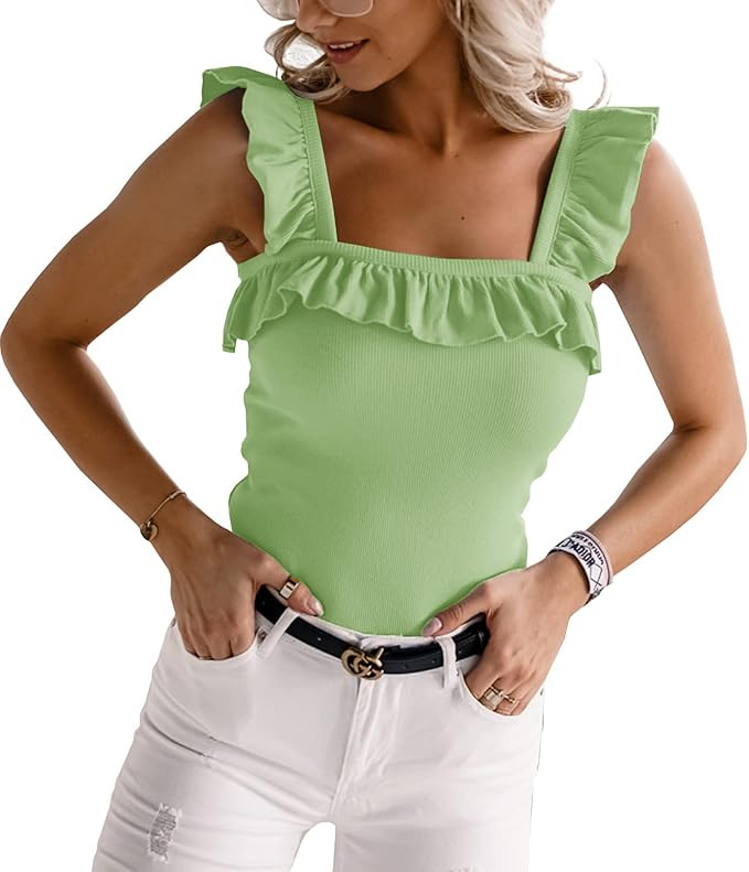 Womens Cute Sleeveless Tank Tops Ruffle Strap Square Neck Blouse Solid Color Knitted Camisole | Amazon (US)