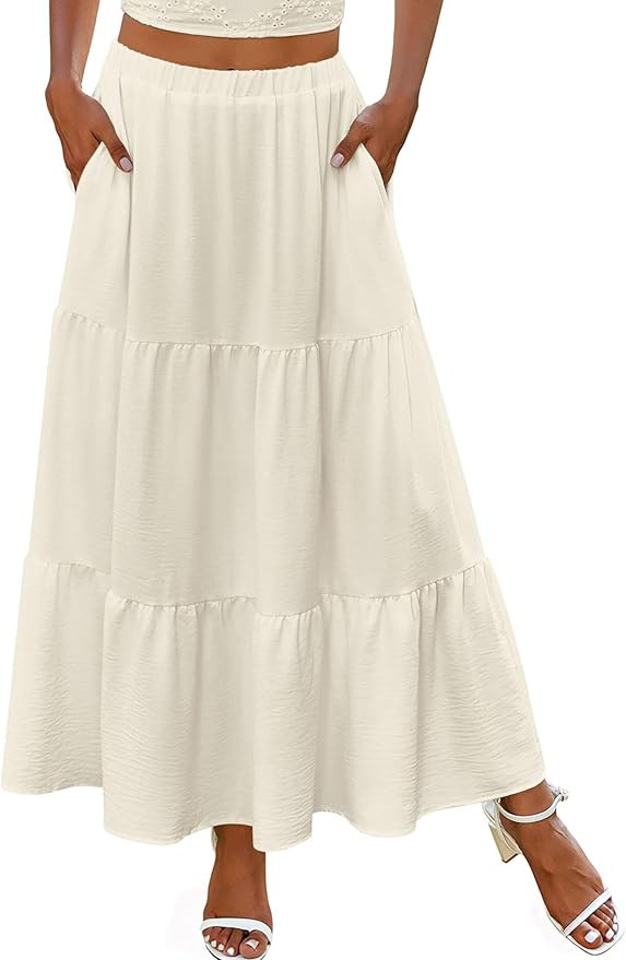 Zeagoo Skirts for Women Summer Boho Casual Maxi Flowy Elastic High Waist A-Line Tiered Swing Flor... | Amazon (US)