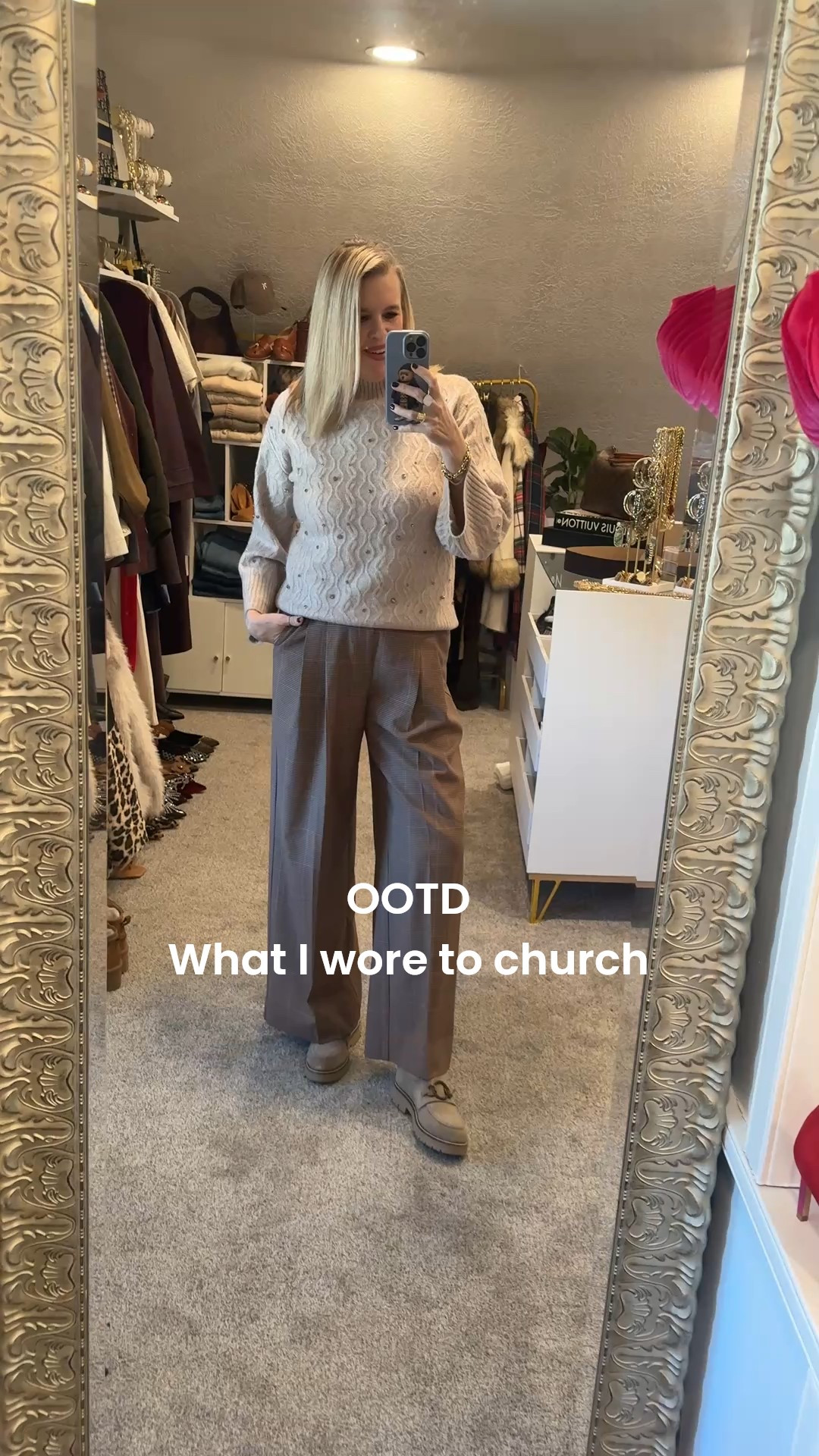 What I wore to church today!

Chicos wide sleeve super soft sweater with rhinestones on the front. On sale fits tts 

On sale/on sale  -wide leg brown and soft pink plaid trousers with pockets fits tts 
So good and really affordable 
Now $44 normal $124

Earrings Chicos on sale 

Loafers not linkable 

#LTKootd #LTKFindsUnder50 #LTKSaleAlert