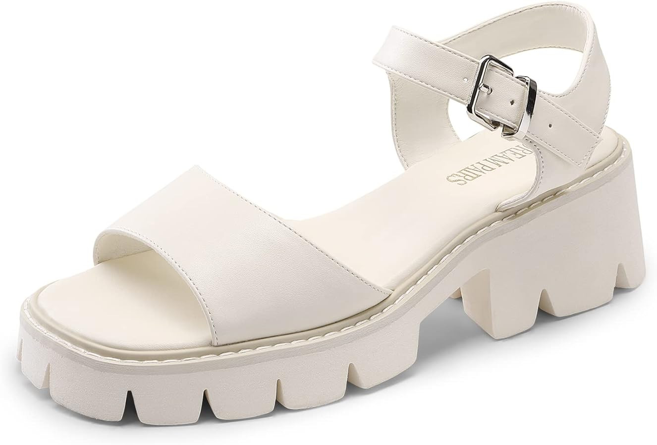 DREAM PAIRS Women's Lug Sole Low Platform Chunky Block Heels Square Toe Ankle Straps Sandals | Amazon (US)