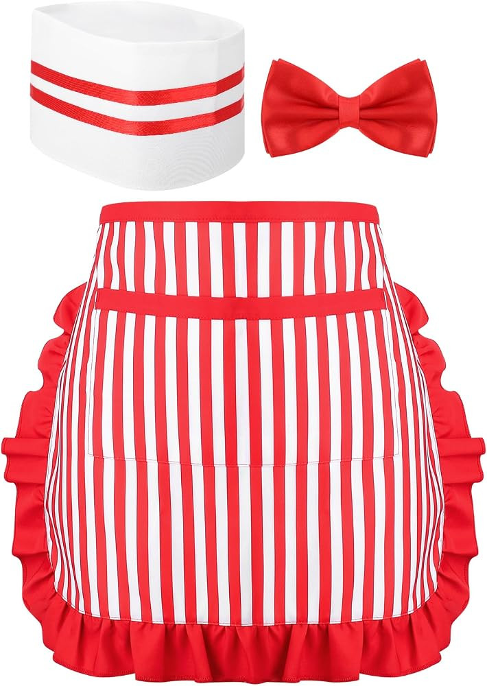 3 Pcs 1950s Waiter Costume Kit, Soda Jerk Costume, Red and White Striped Half Apron with 2 Pocket... | Amazon (US)