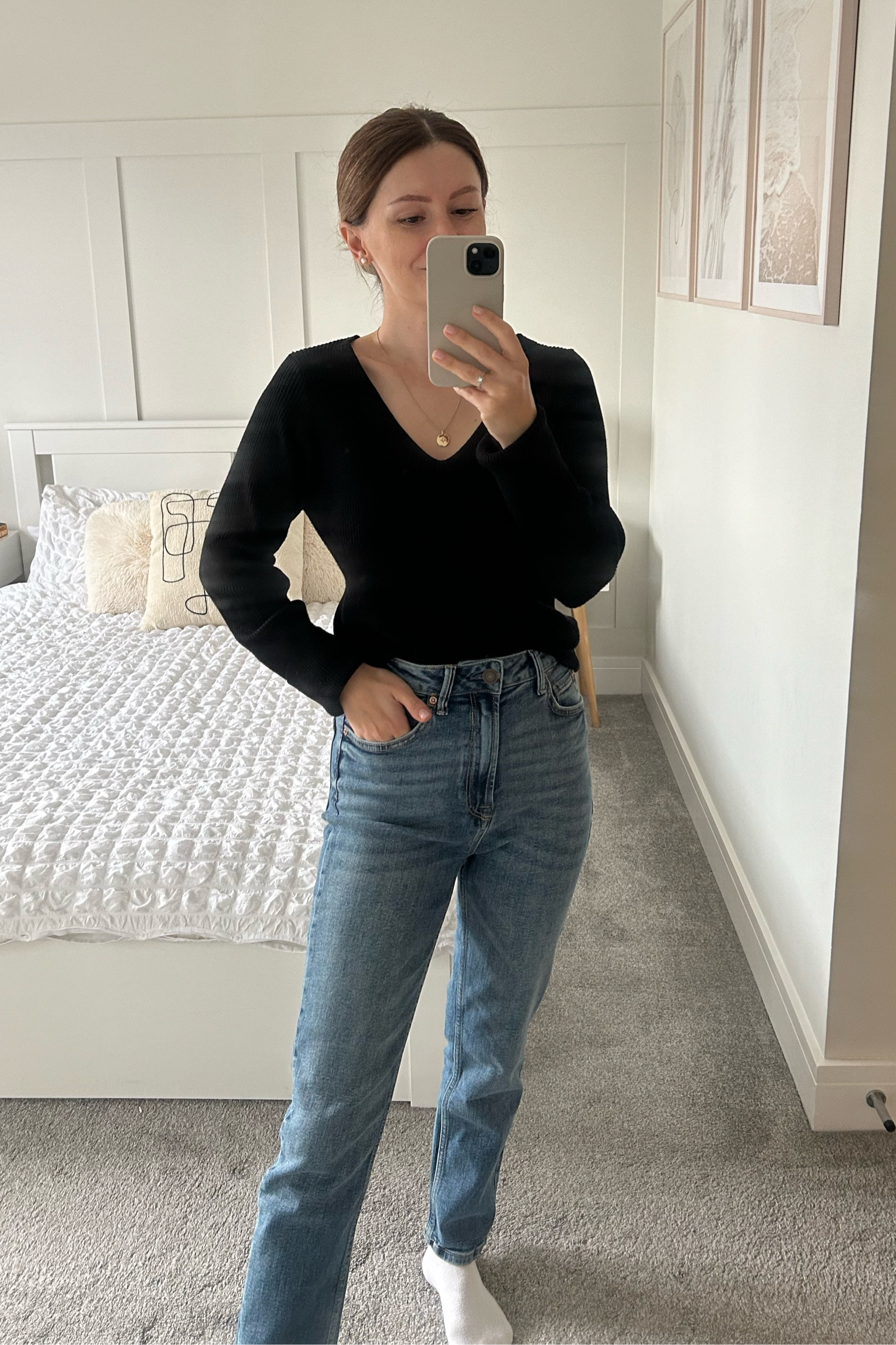 Simple mum uniform outfit. Straight leg slim mom jeans and black v neck top

#LTKuk #LTKautumn #LTKeurope