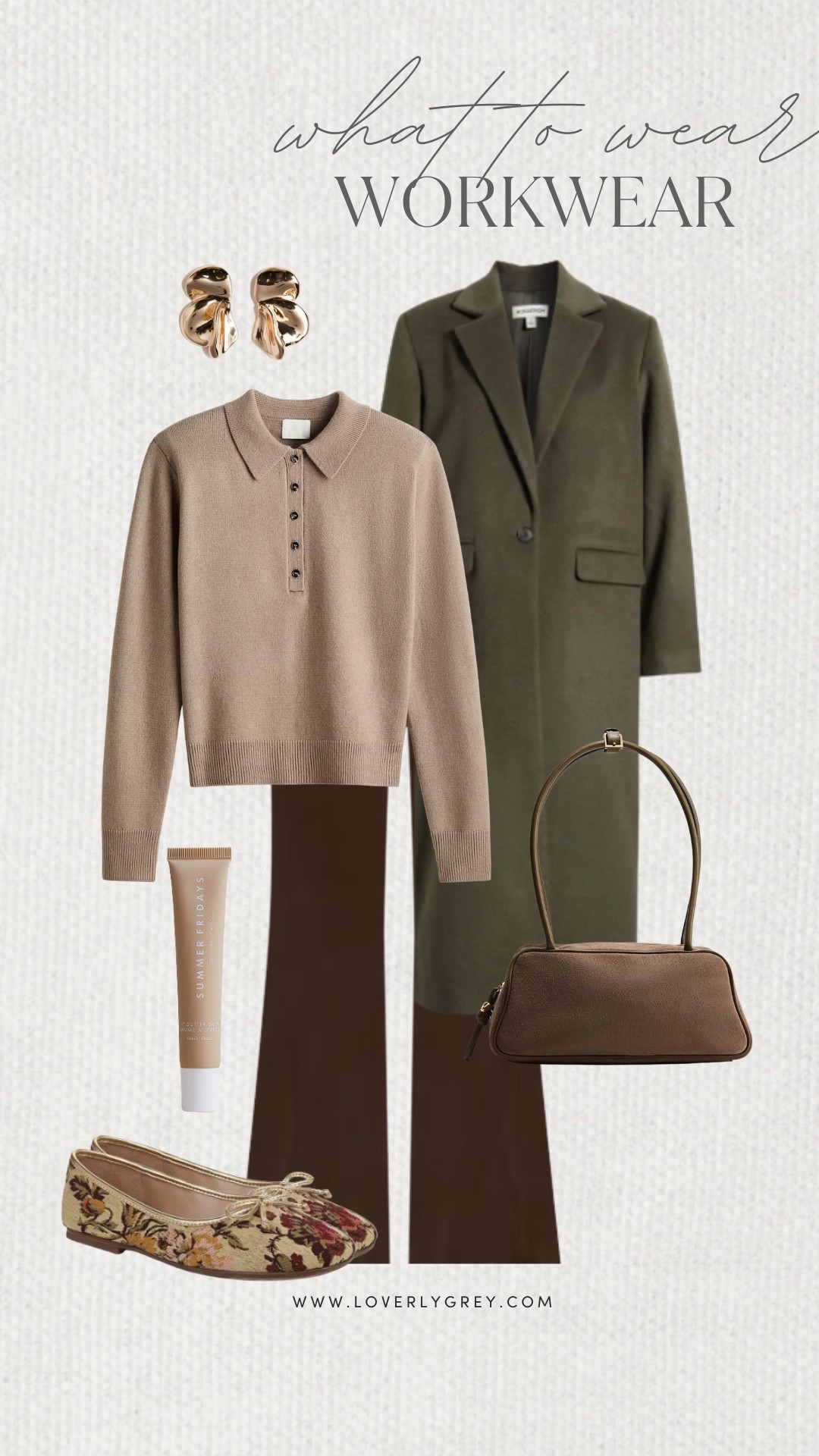 Loverly Grey, what to wear for workwear in the winter. A collared long sleeve top paired with brown Tuckernuck pants and a long coat to keep warm. Accessorize the look with a H&M purse, patterned flats, and gold earrings. Loverly Grey, what to wear, workwear 

#LTKWorkwear #LTKFindsUnder100 #LTKSeasonal