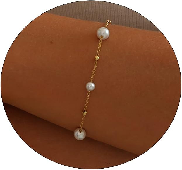 Kyazeo Dainty Gold Bracelets for Women 18K Gold Plated Simple Pearl Cross Cuban Herringbone Link ... | Amazon (CA)