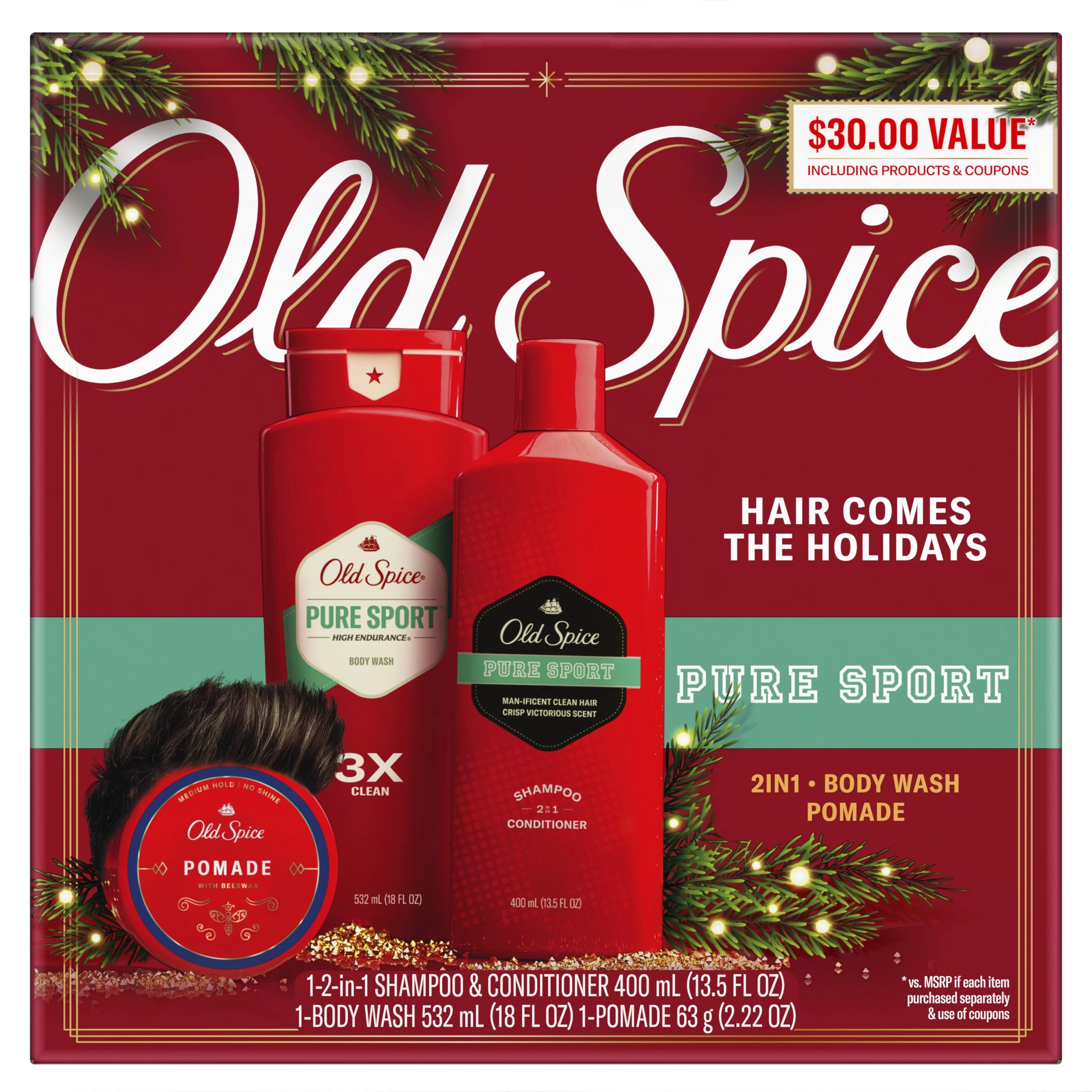 Old Spice Men's Hair Style Pure Sport Holiday Pack 2in1 Shampoo Conditioner, Body Wash & Hair Pom... | Walmart (US)