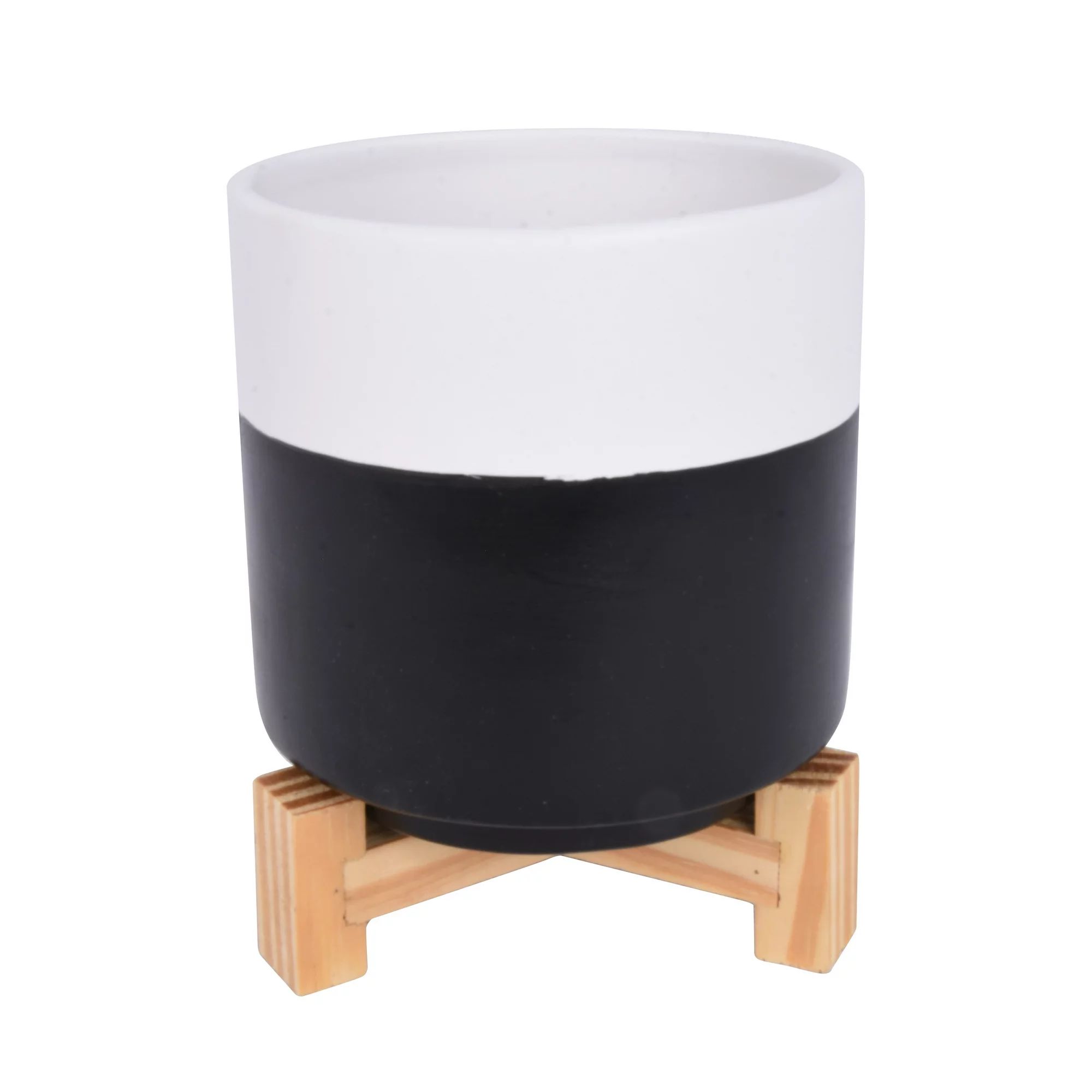 Mainstays Ceramic Black and White Ceramic Planter with Wood Stand, Set of 2 | Walmart (US)