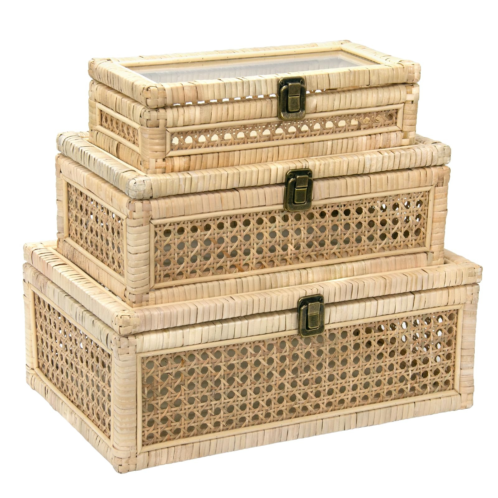 Rattan Decorative Boxes with Glass Lids, Set of 3 Sizes Boho Natural Hand-woven Cane Home Decor O... | Amazon (US)