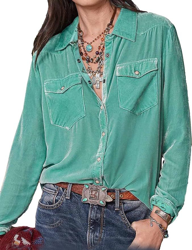 PUWEI Womens Retro Velvet Button Up Blouse Solid Color Collar V-Neck Long Sleeve Shirt Top | Amazon (US)