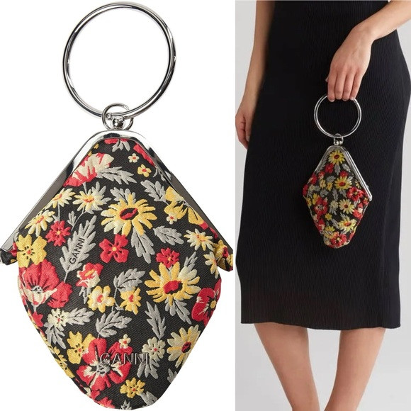 Ganni Diamond Bangle Clutch Meadow Floral Black Wristlet Evening Bag NEW | Poshmark