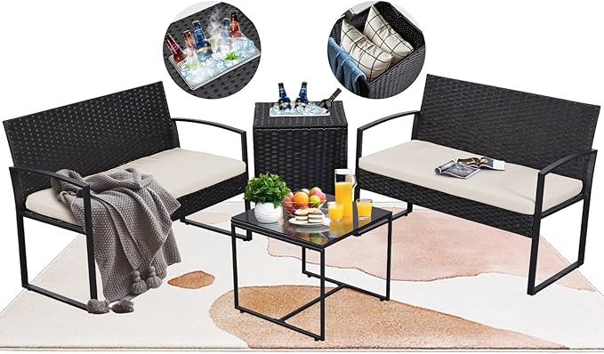 4 Piece Outdoor Patio Furniture Set,Wicker Conversation Sets Patio Sofa Couch with Built-in Bever... | Amazon (US)