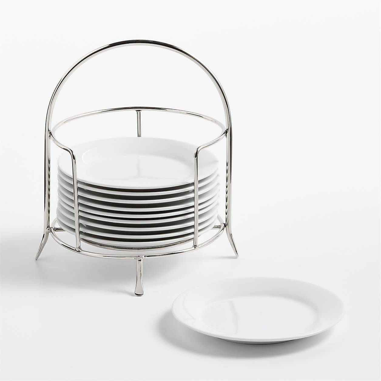 Aspen Rimmed Appetizer Plates with Stainless Steel Stand, Set of 10 | Crate & Barrel | Crate & Barrel