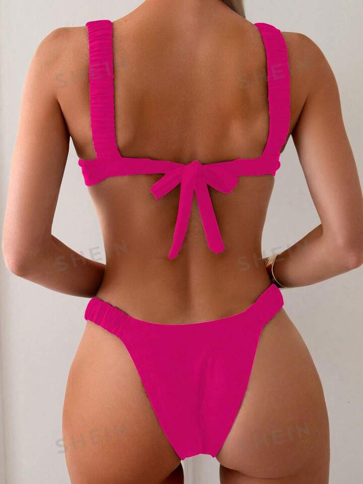 SHEIN Swim Solid Color Ruffled Bikini Set, Suitable For Summer Beach | SHEIN