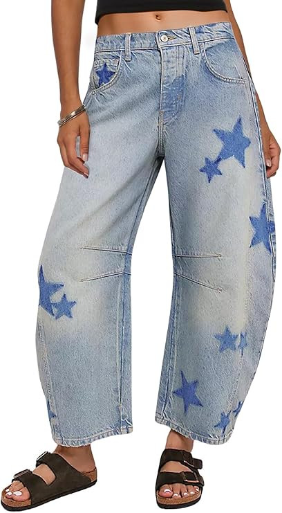 CHARTOU Y2k Barrel Jeans Women Wide Leg Baggy Distressed Printed Boyfriend Horseshoe Denim Pants | Amazon (US)