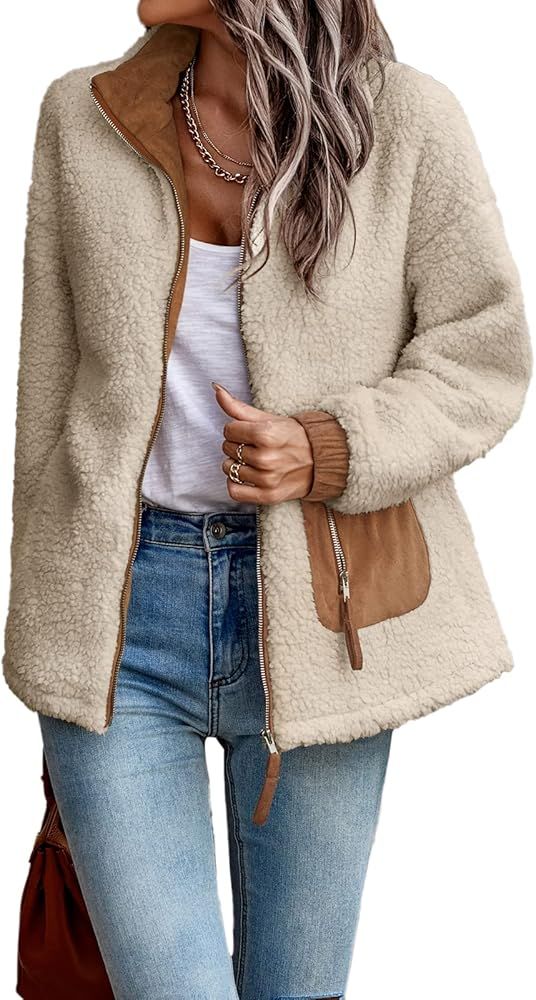 Comeon Women's Coat Casual Lapel Fleece Fuzzy Faux Shearling Zipper Coats Warm Winter Oversized Outw | Amazon (US)