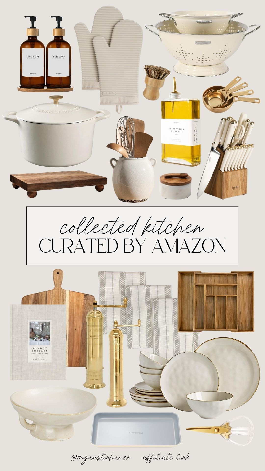 Collected kitchen finds from Amazon with timeless pieces for cooking, hosting and everyday. 🌿

Amazon kitchen finds, curated kitchen decor, kitchen essentials, amazon home finds, cooking essentials, hosting essentials, countertop decor, neutral kitchen decor, kitchen organization, dutch oven, olive oil dispenser, brass kitchen accents, measuring cups, knife block set, cutting boards, dinnerware set, kitchen towels. 

 #LTKHome