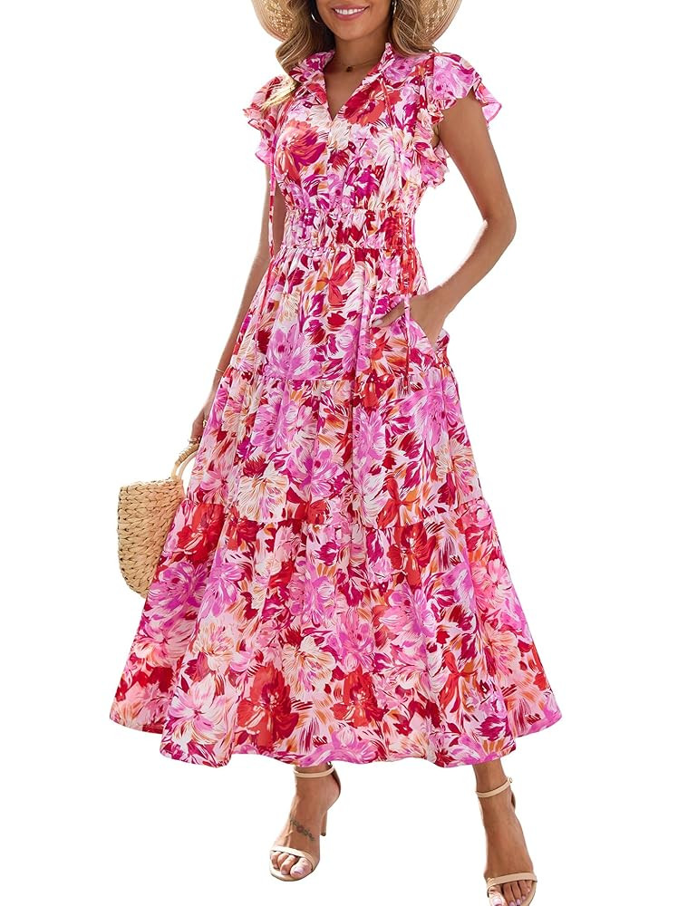 Kranda 2025 Women Summer Self-tie V Neck High Waist Ruffle Cap Sleeve Flowy Tiered Long Boho Flor... | Amazon (US)