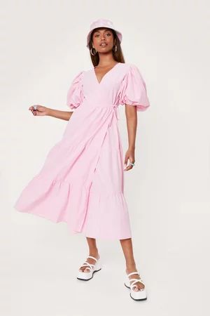 Linen Look Puff Sleeve Wrap Midi Dress | Nasty Gal (US)