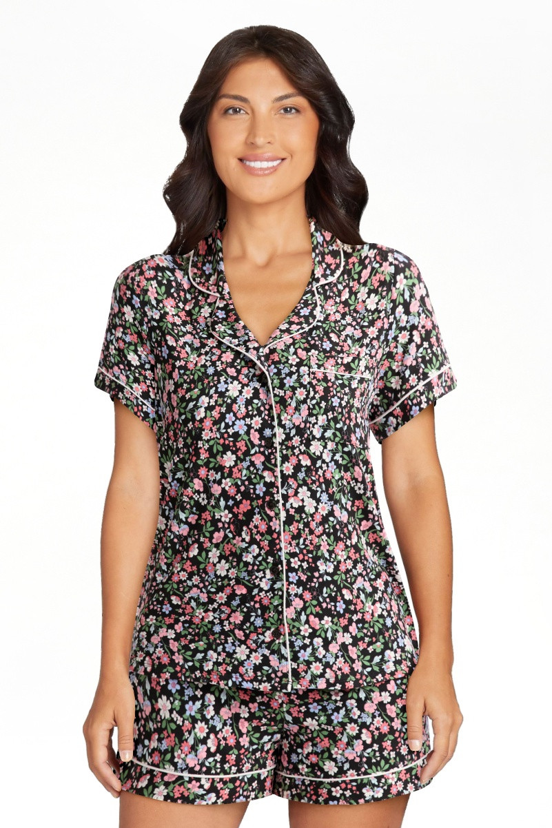 Joyspun Women’s Short Sleeve Knit Notch Collar Top and Shorts Pajama Set, 2-Piece, Sizes XS to ... | Walmart (US)