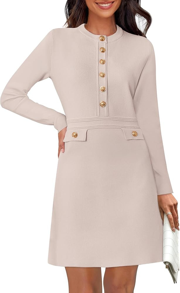 NENONA Women's Crew Neck Bodycon Sweater Dress Long Sleeve Button Elegant Formal Party Mini Dress | Amazon (US)