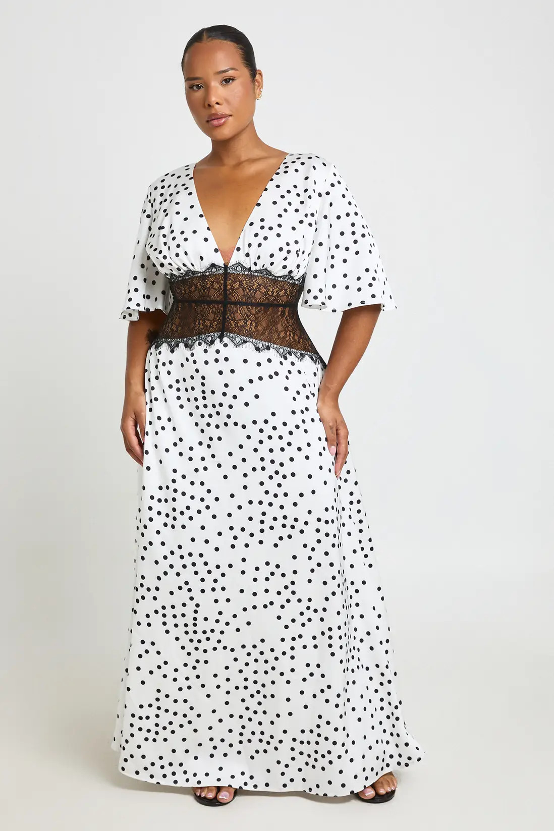 White Plus Polka Dot Satin Lace Panel Angel Sleeve Maxi Dress | Boohoo USA | boohoo (US & Canada)
