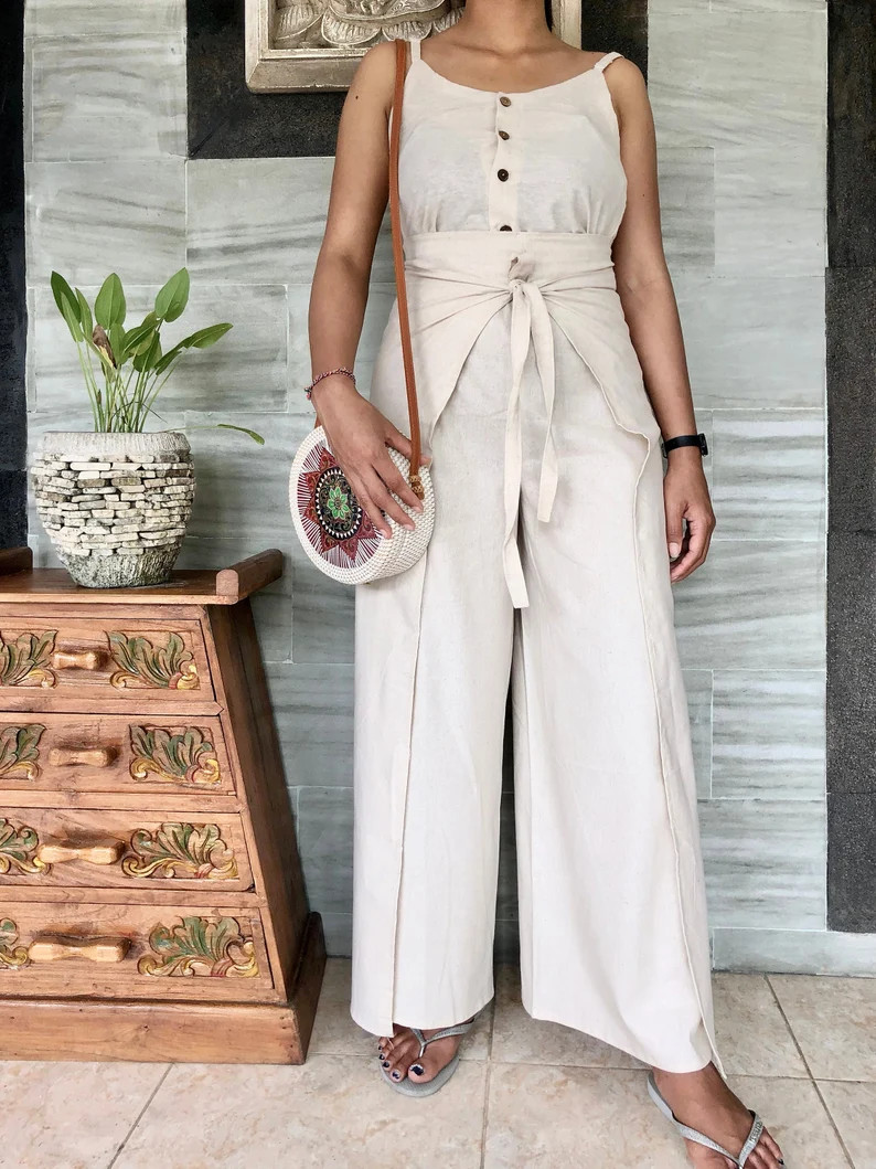 White Linen Trousers Resort Wear Wrap Pants Trendy Summer - Etsy | Etsy (US)