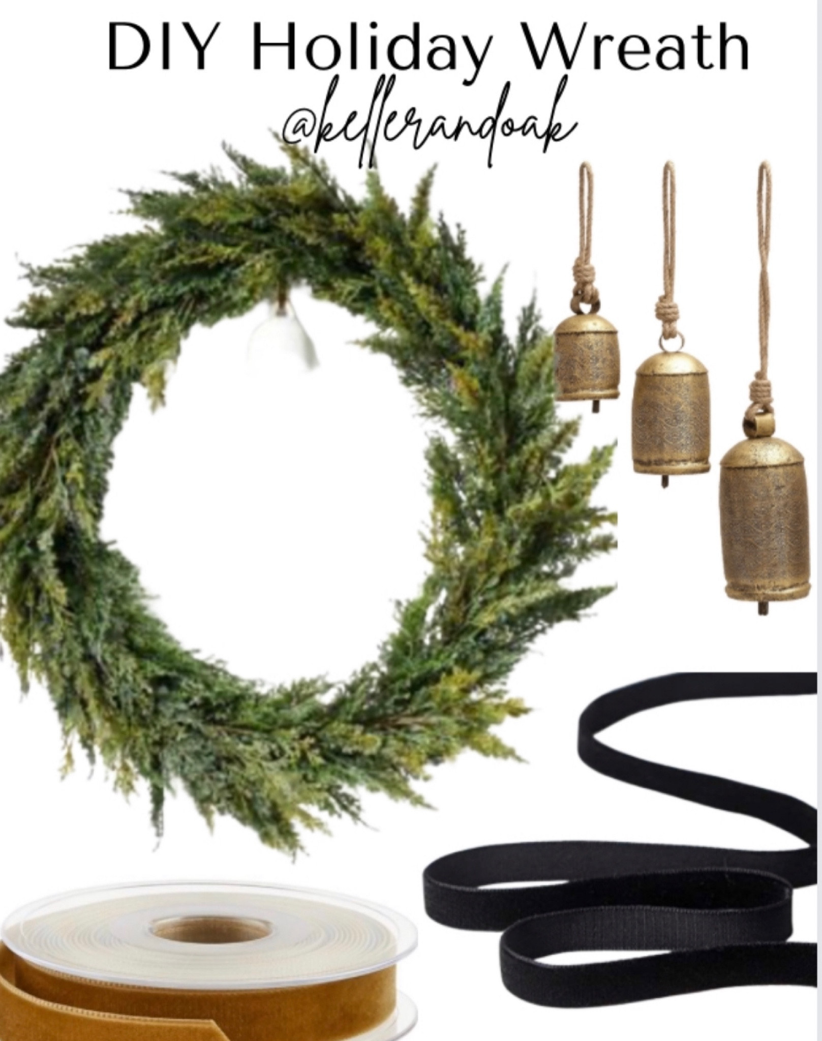 DIY your own high end looking holiday wreath with these simple products. Modern Christmas wreath. Simple wreath. Bells. Velvet ribbon. Custom wreaths. 

#kellerandoak #wreaths #holidayDIY

#LTKHolidaySale #LTKSeasonal