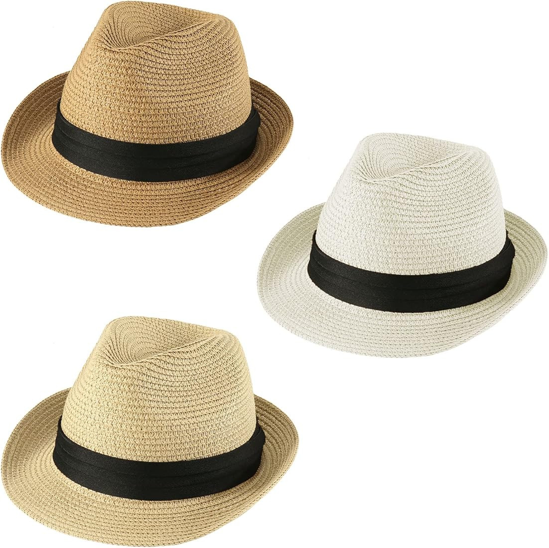 Ultrafun 3 Pack Straw Fedora Hat Short Brim Panama Trilby Hat Summer Beach Sun Hat Cap for Women | Amazon (US)