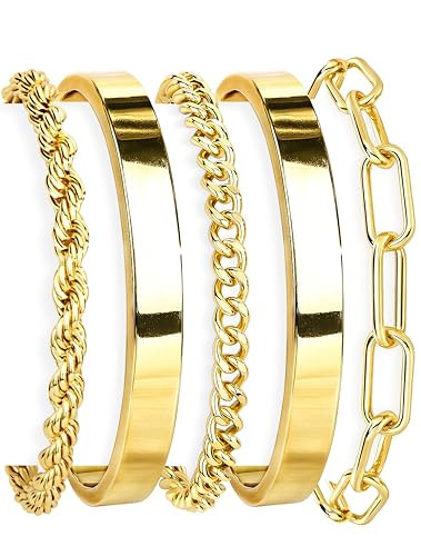 Gokeey Chunky Gold Bracelets for Womenc Trendy, 14k Gold Plated Cuff Bracelet Non Tarnish Rope Cable Paperclip Cuban Link Chain Bangle Bracelet Set Stack Jewelry | Amazon (US)