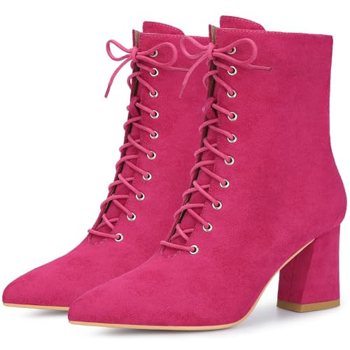 Perphy Lace Up Pointed Toe Chunky Heel Hot Pink Ankle Boots for Women 9.5 M US | Amazon (US)