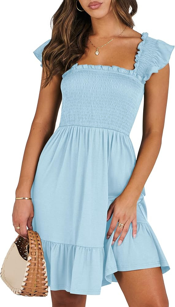 ANRABESS Women's Summer Casual Sleeveless Square Neck Dress 2025 Smocked Ruffle Backless Boho Bea... | Amazon (US)