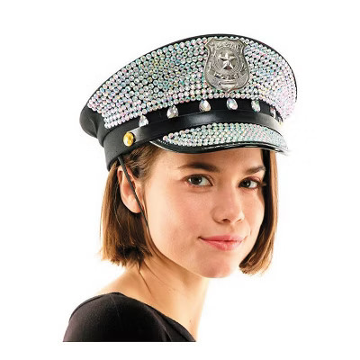 Morris Costumes Police Adult Captain Hat with Rhinestones Halloween Costume Headwear - Black Medium | Target